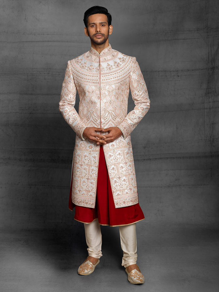 Off-white sherwani with rose gold thread embroidery