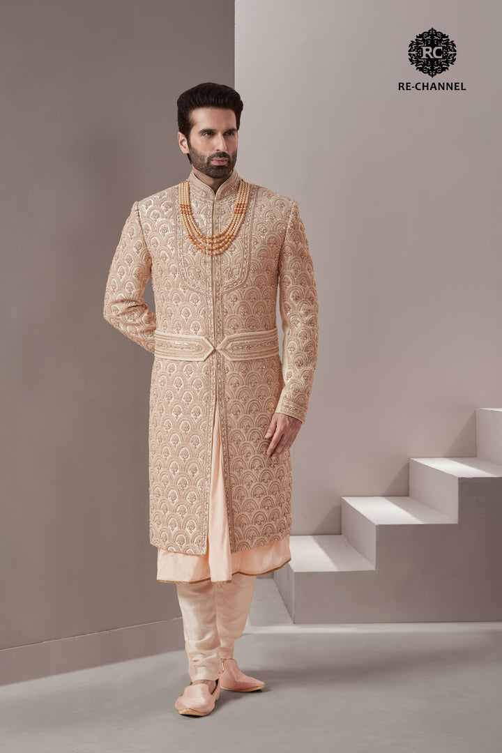 Light Gold Ornamental Silk Sherwani