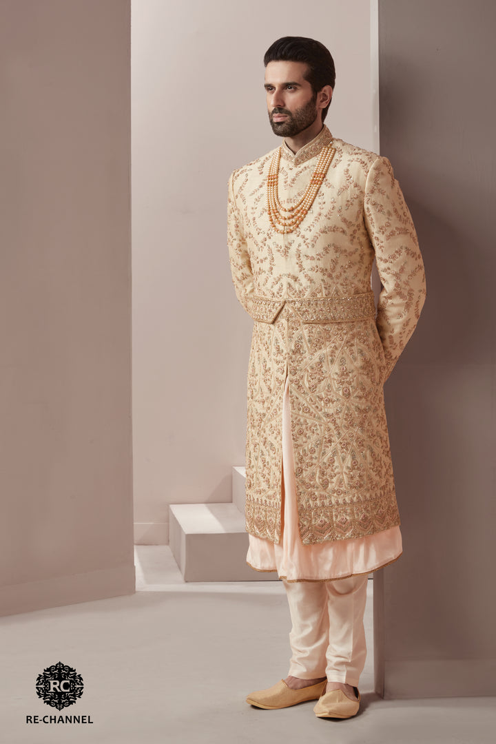 Gold and Peach Floral Silk Sherwani