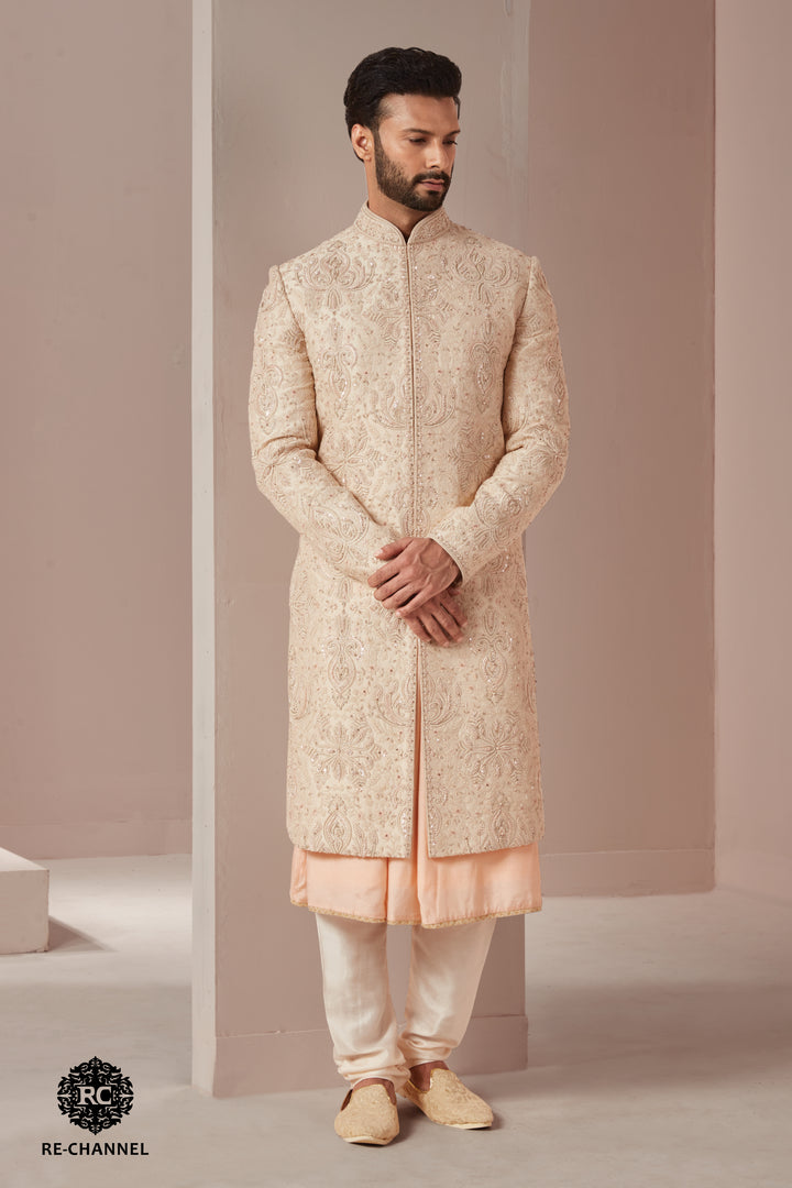 Light Gold Silk Sherwani with Flower motifs