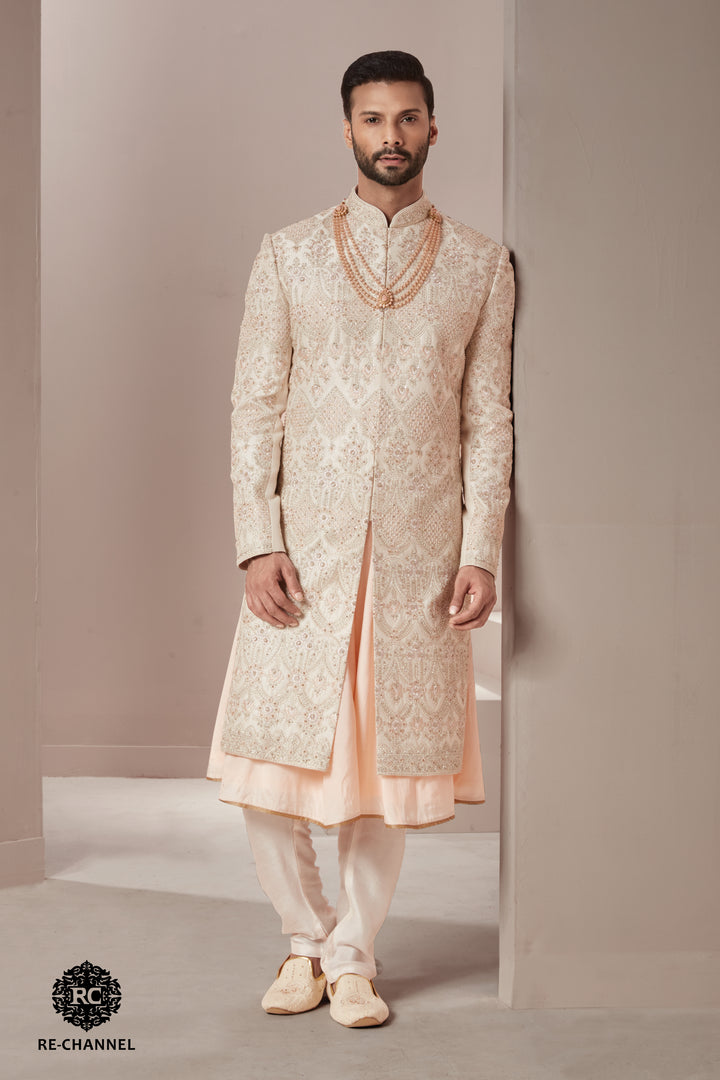 Gold and Light Peach Chandelier Motif Sherwani