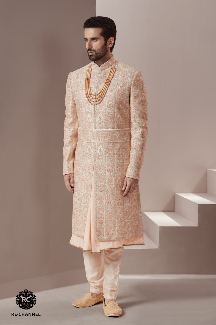 Light Peach Silk Sherwani in Geometric and Floral Motfis