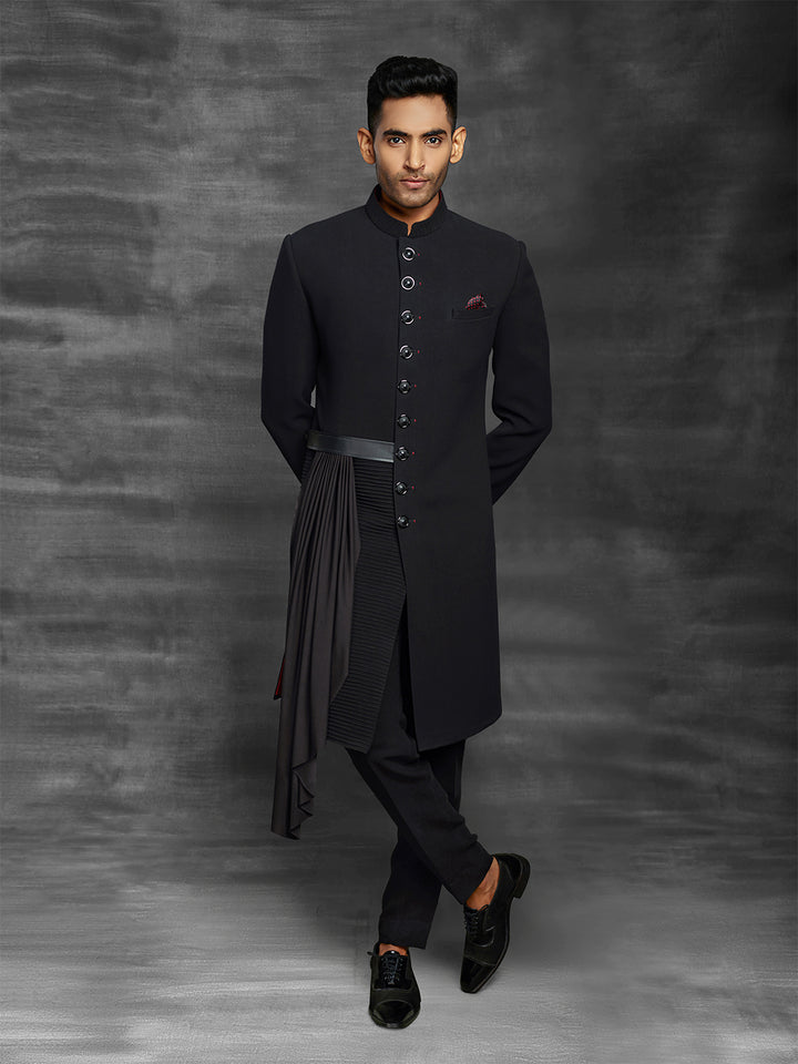 Black nawabi with detachable drape belt.