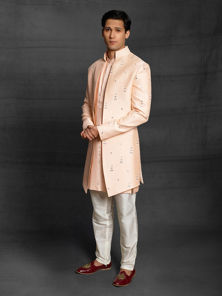 Jacket style indo-western in peach color.