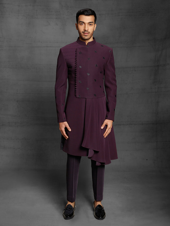 Draped indo-western in burgundy color.