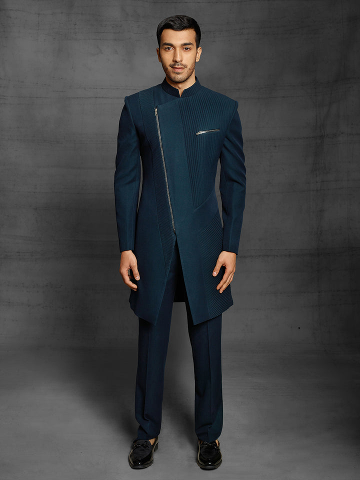 Modern look indo-western in teal green color.