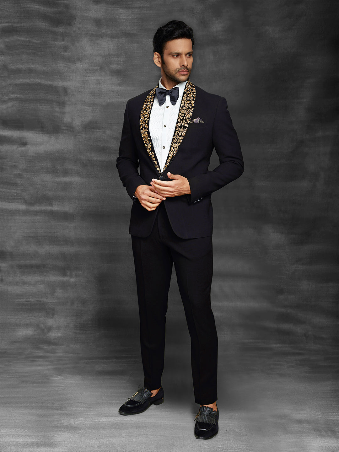 Black suit with stylish lapel