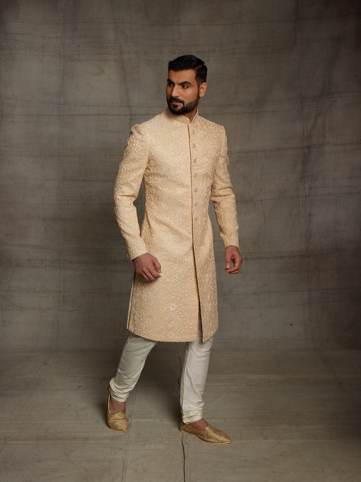 Classic gold sherwani in net fabric.