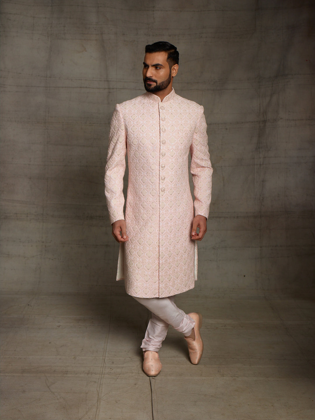 Powder Pink lakhnavi sherwani.