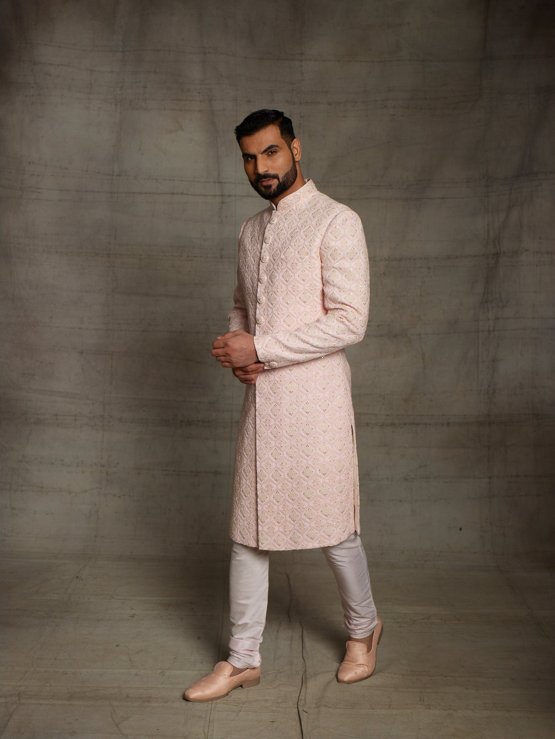 Powder Pink lakhnavi sherwani.