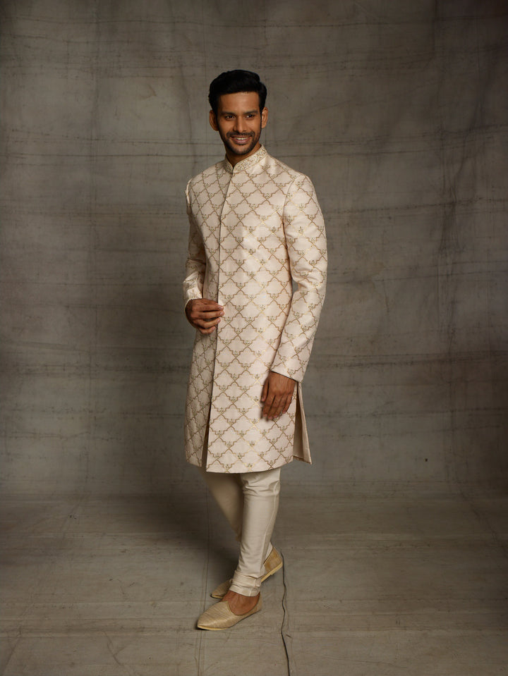 Brocade silk sherwani in gold