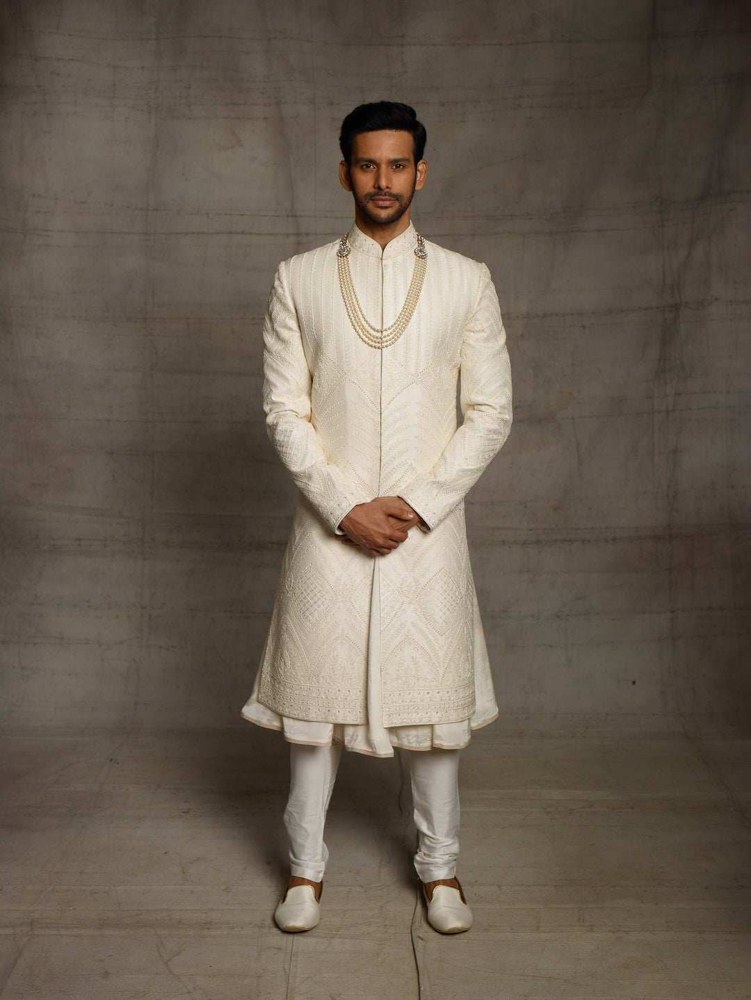 Off white sherwani with self color dori embroidery