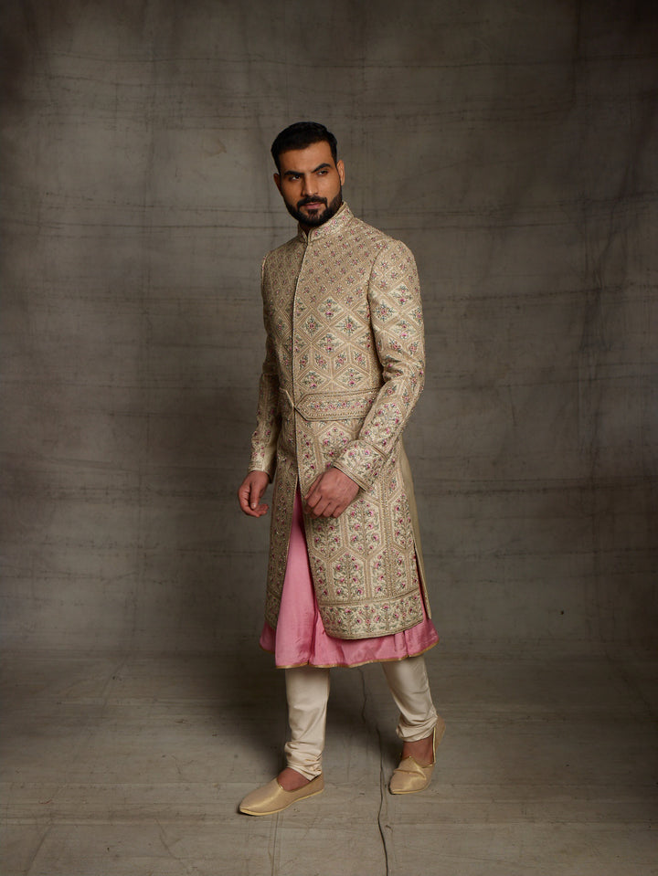 Zardose embroidered sherwani in beige with kamarbandh.