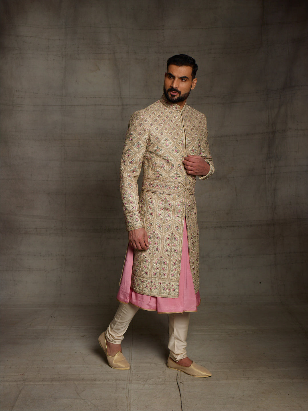 Zardose embroidered sherwani in beige with kamarbandh.
