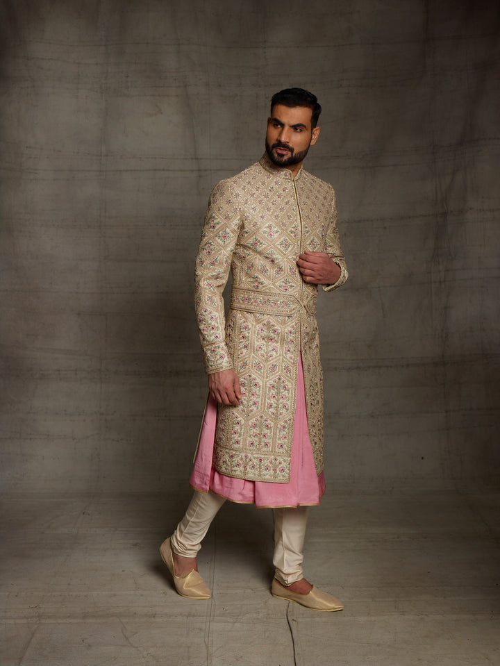 Zardose embroidered sherwani in beige with kamarbandh.