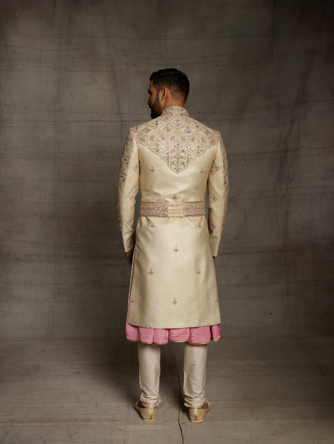 Zardose embroidered sherwani in beige with kamarbandh.
