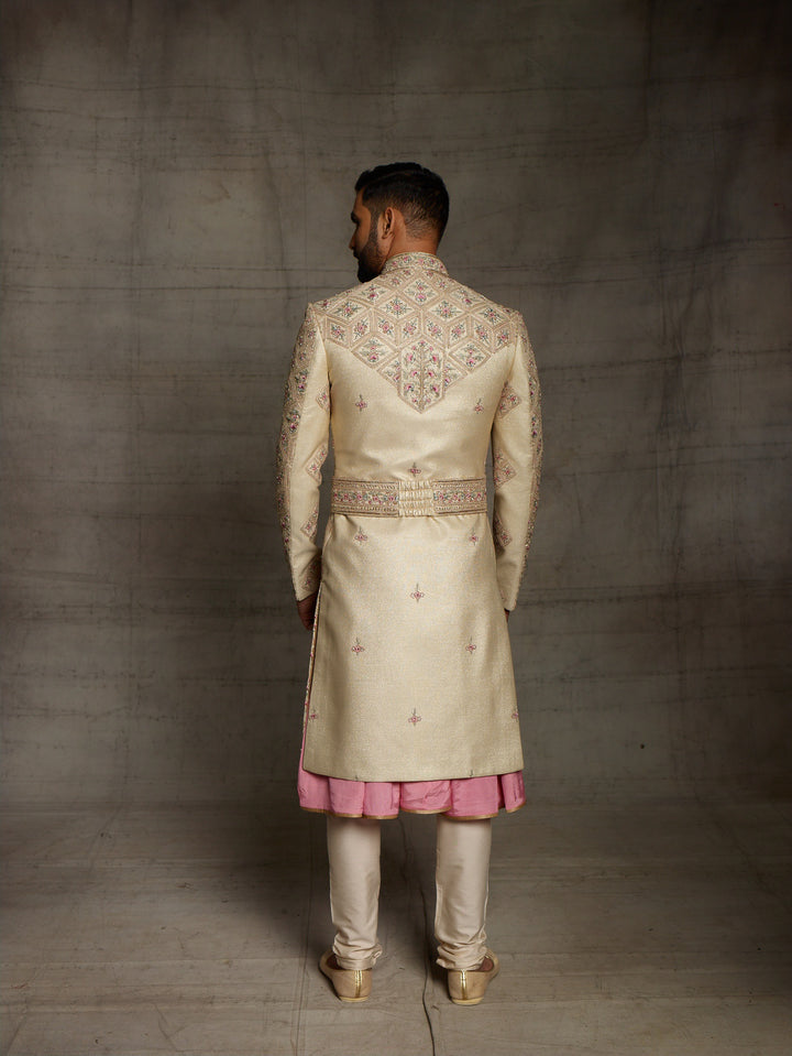 Zardose embroidered sherwani in beige with kamarbandh.