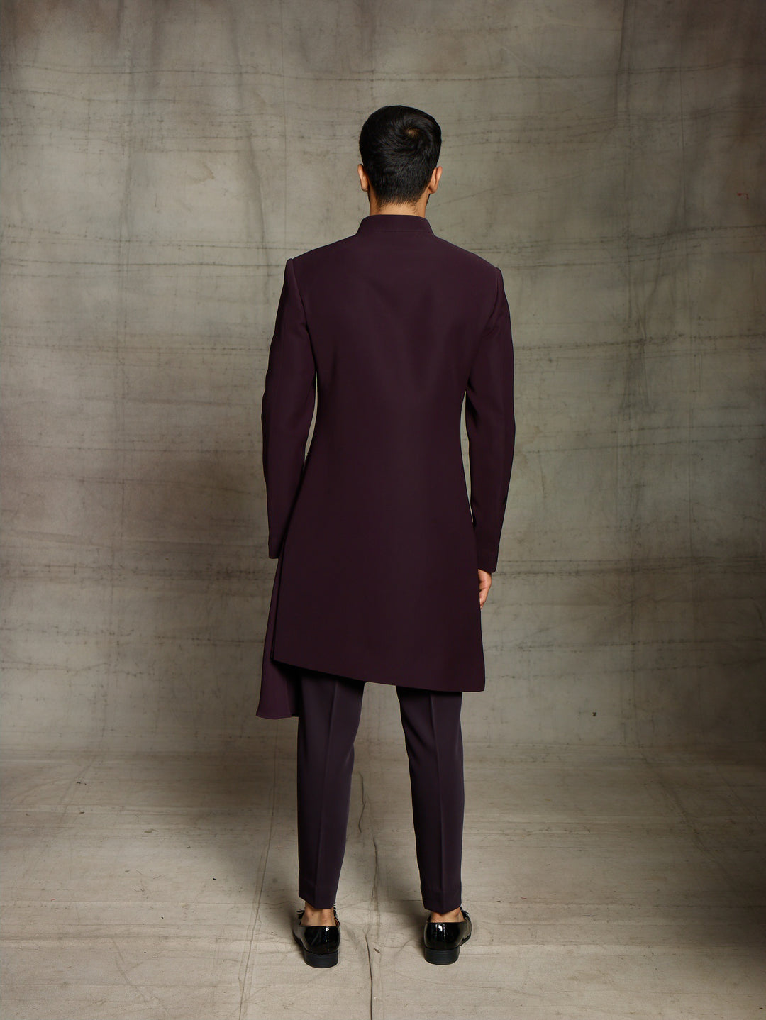 Draped indo-western in burgundy color.