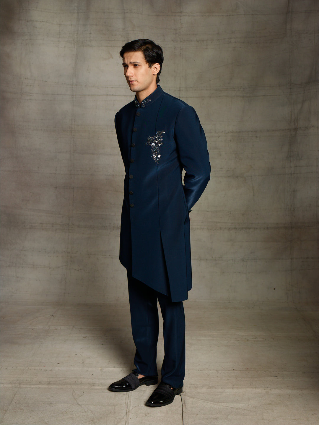 Blue indowestern with beads embroidered butta