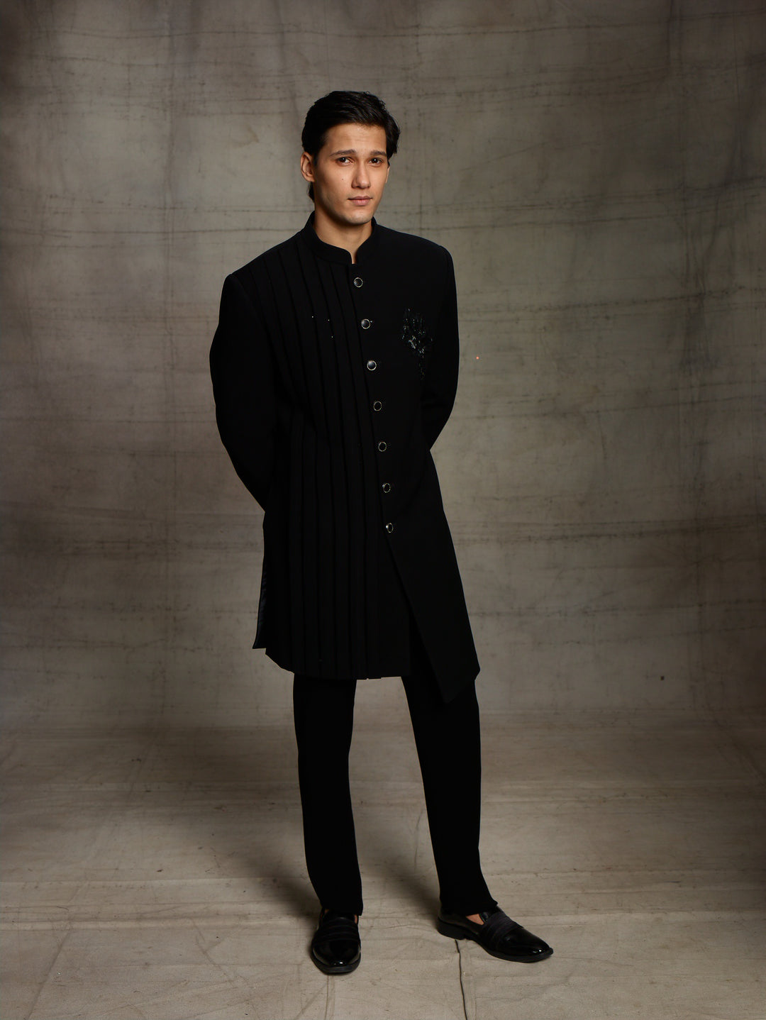 Black indo-western with zardose motif.