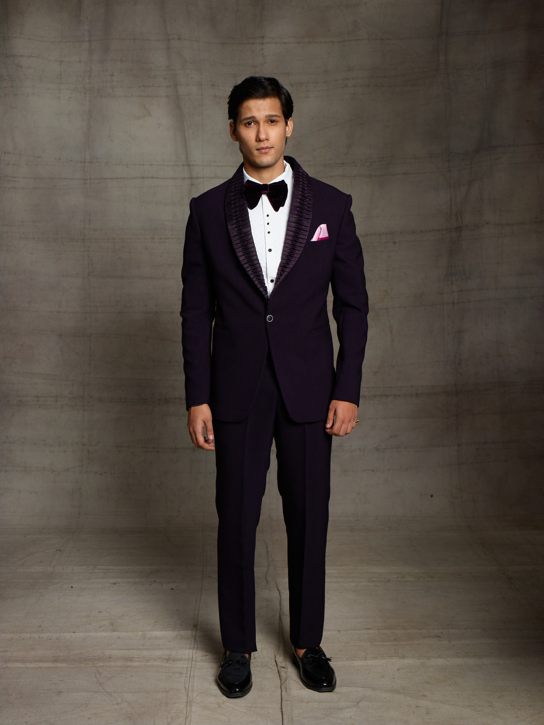 Purple tuxedo with pleated lapel