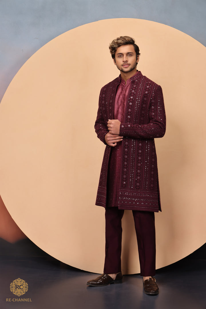 Wine Lucknowi Indo Western with ombre kurta