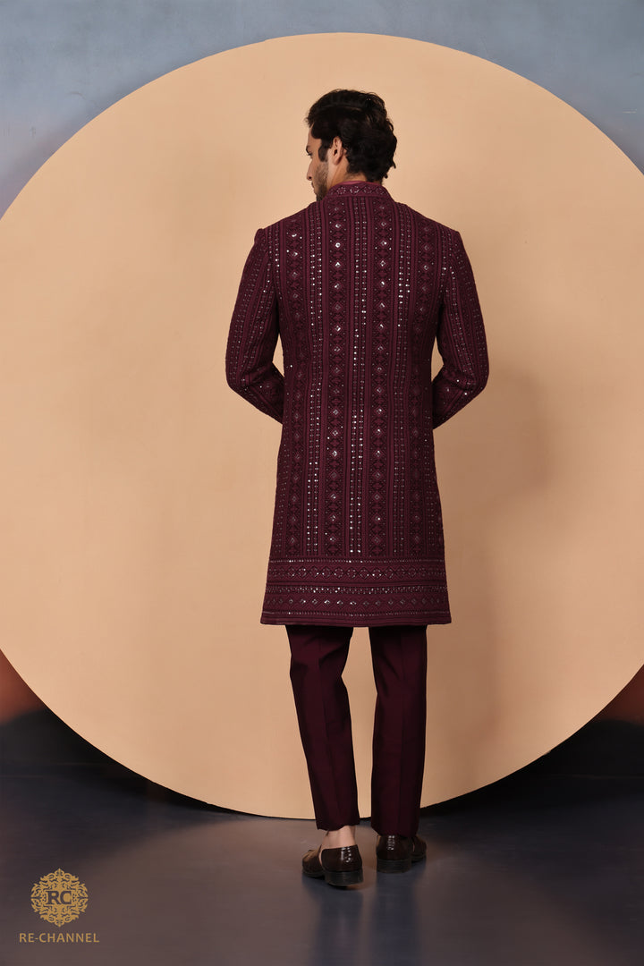 Wine Lucknowi Indo Western with ombre kurta