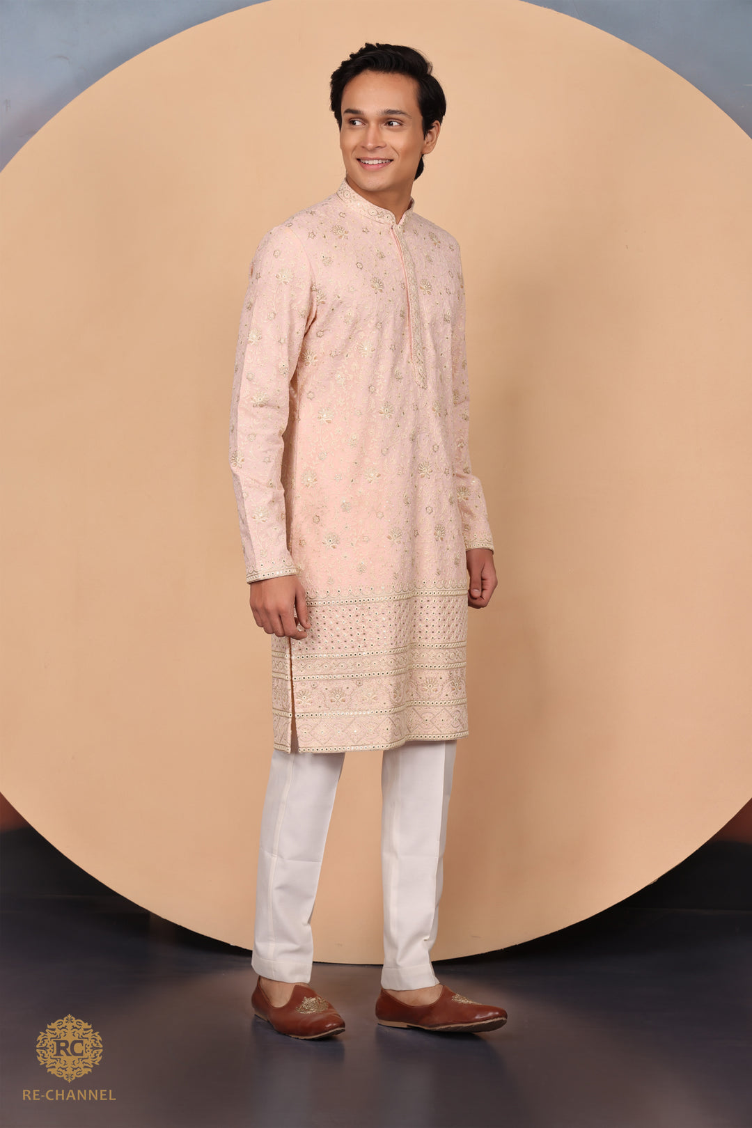 Peach Georgette kurta in chikankari and zari work