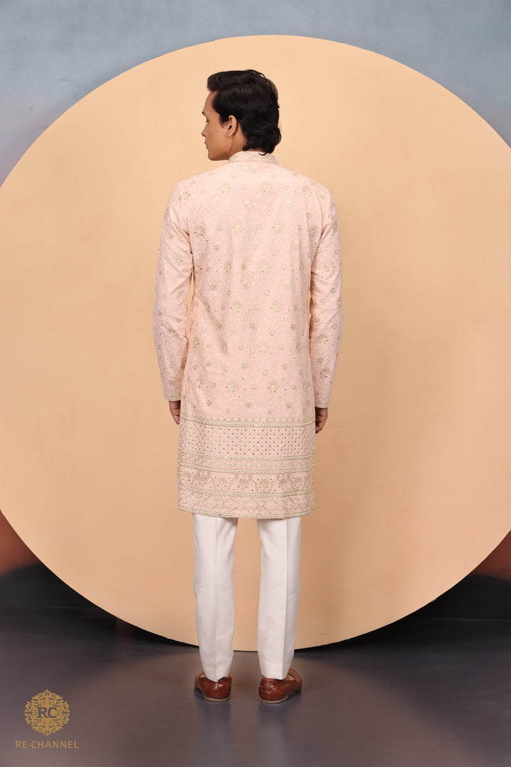 Peach Georgette kurta in chikankari and zari work