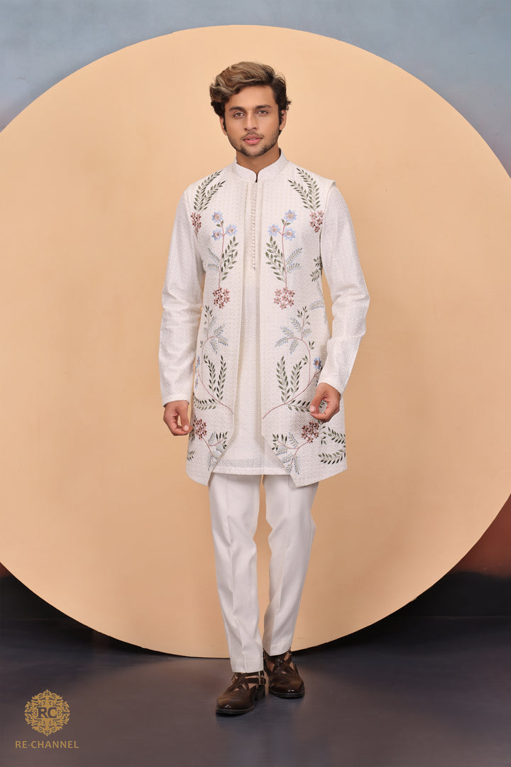 Off White Open Jacket & Kurta Set