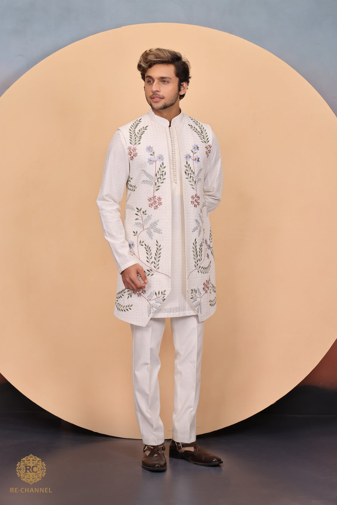 Off White Open Jacket & Kurta Set