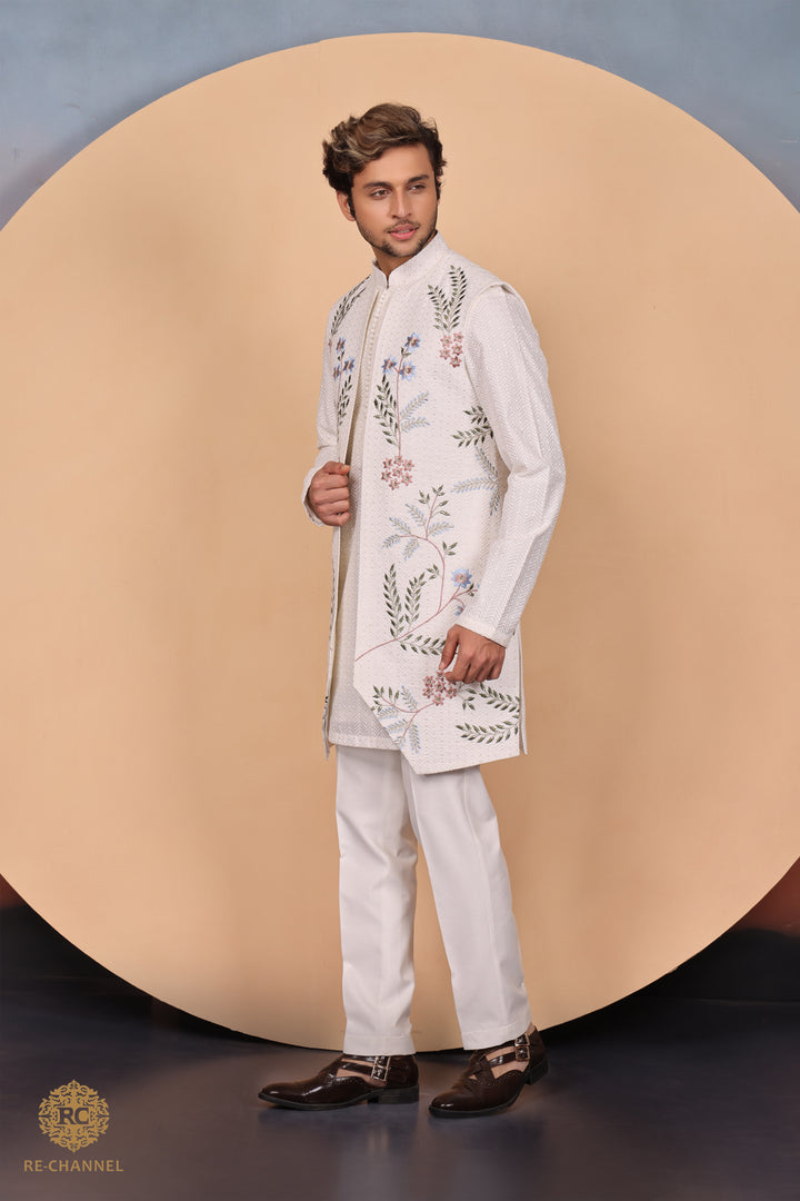 Off White Open Jacket & Kurta Set