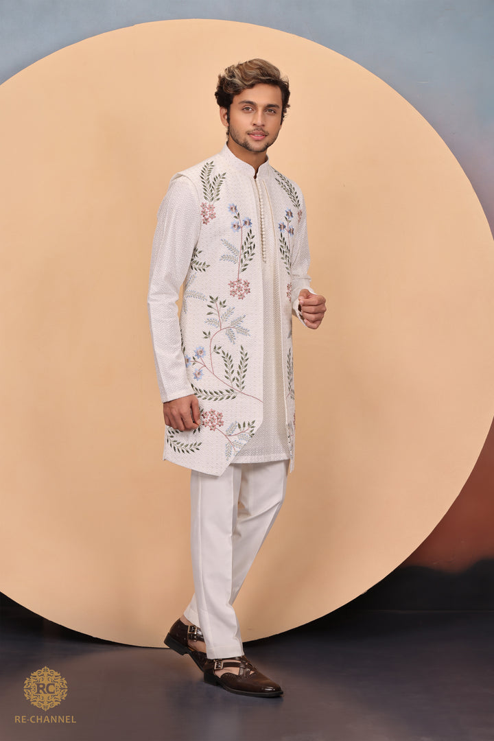 Off White Open Jacket & Kurta Set