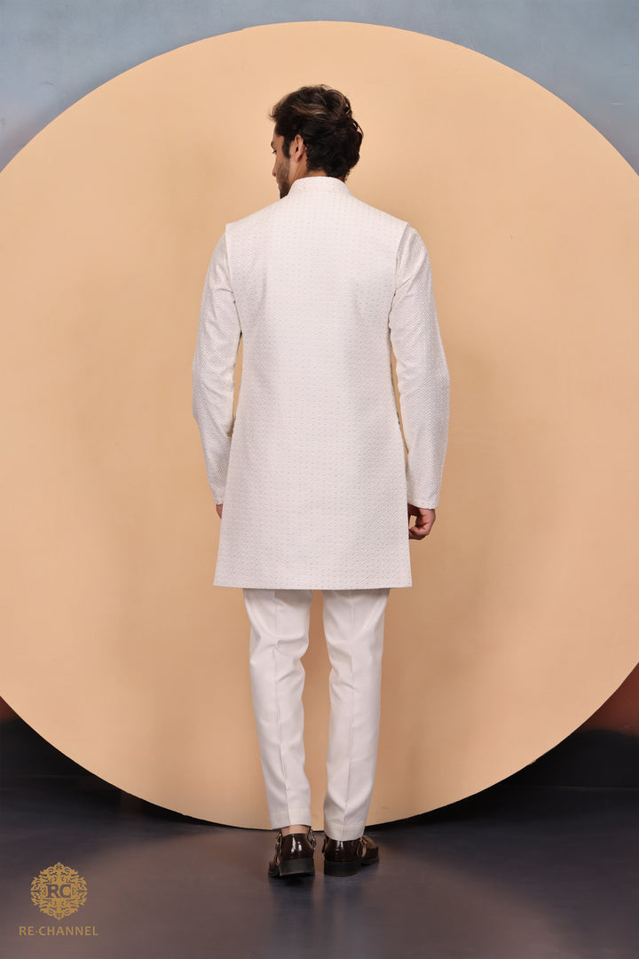 Off White Open Jacket & Kurta Set