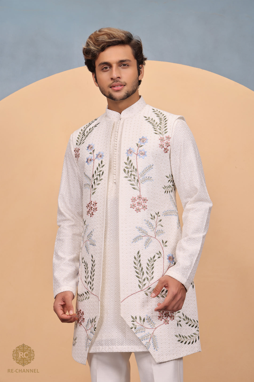 Off White Open Jacket & Kurta Set