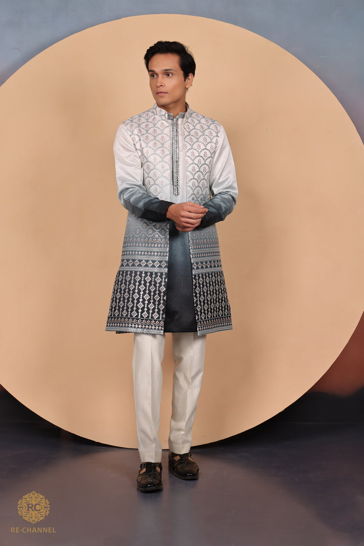 Ombre white and black open jacket kurta