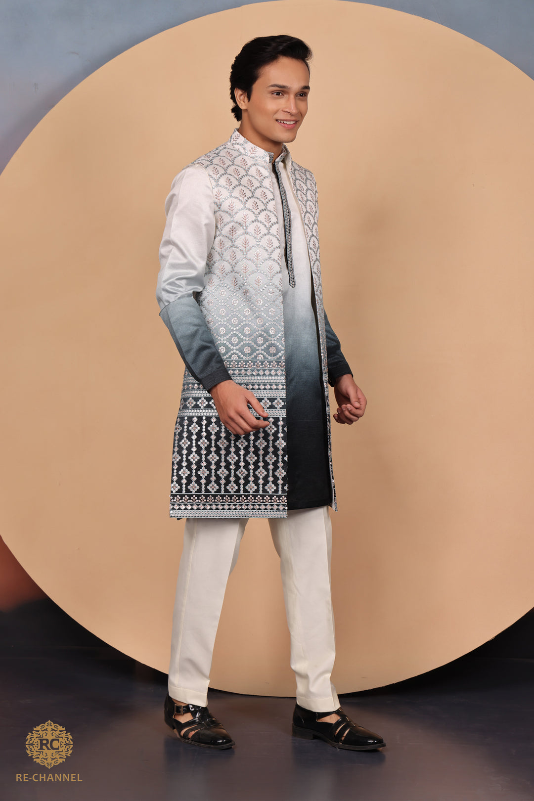 Ombre white and black open jacket kurta