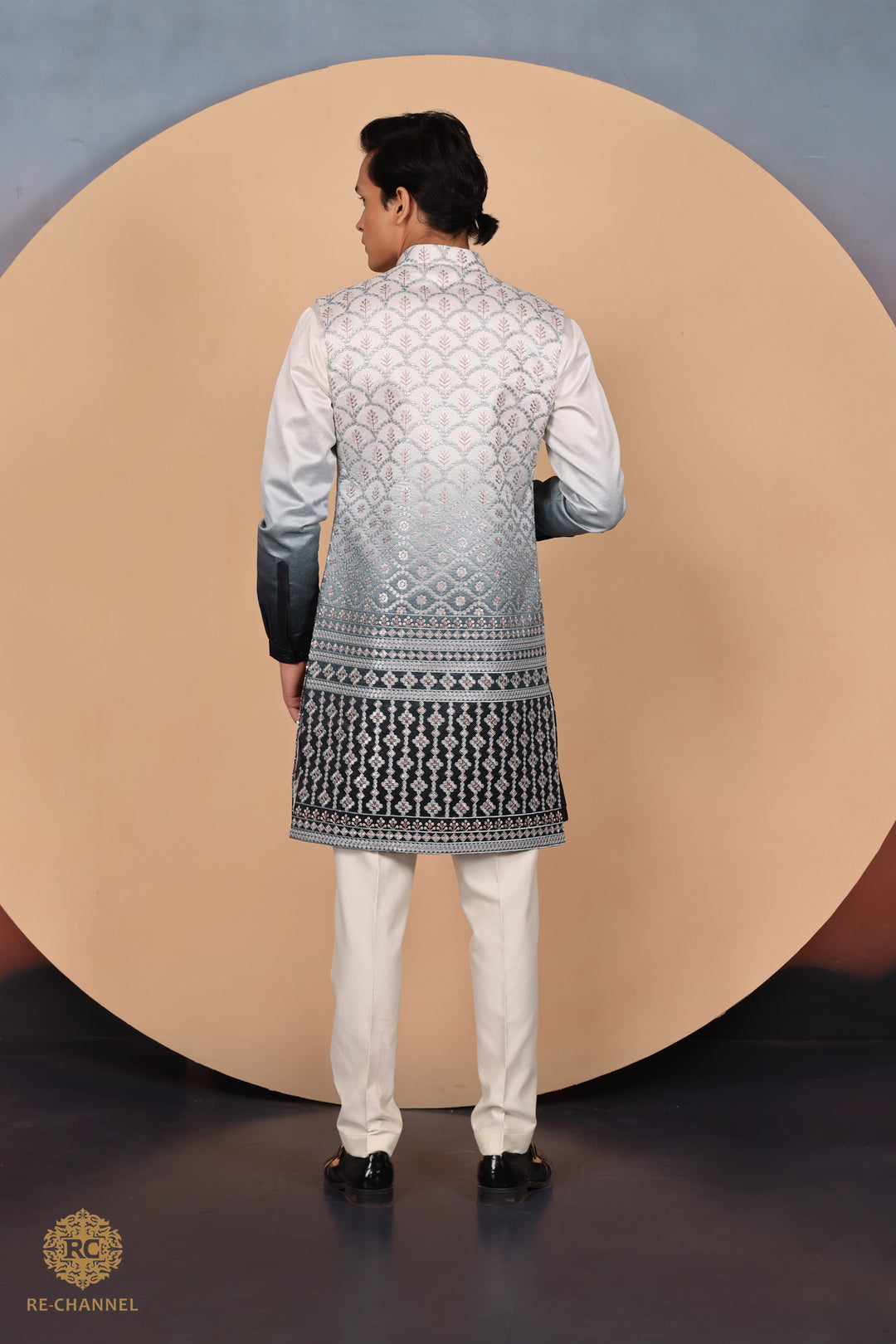 Ombre white and black open jacket kurta