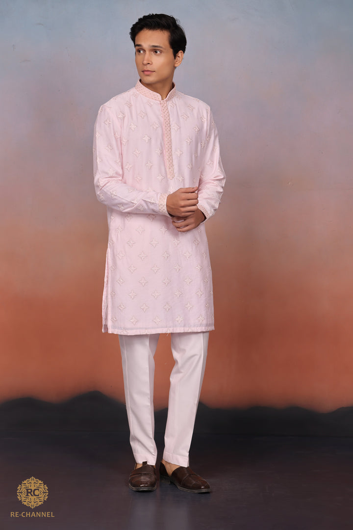 Light Pink Silk kurta set with resham & sequin work