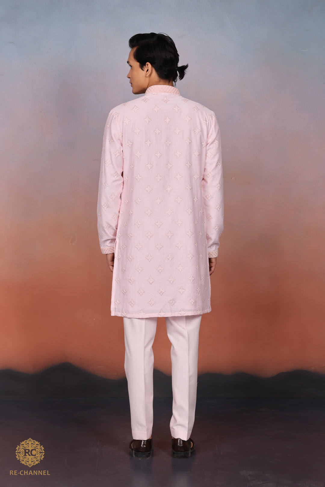 Light Pink Silk kurta set with resham & sequin work