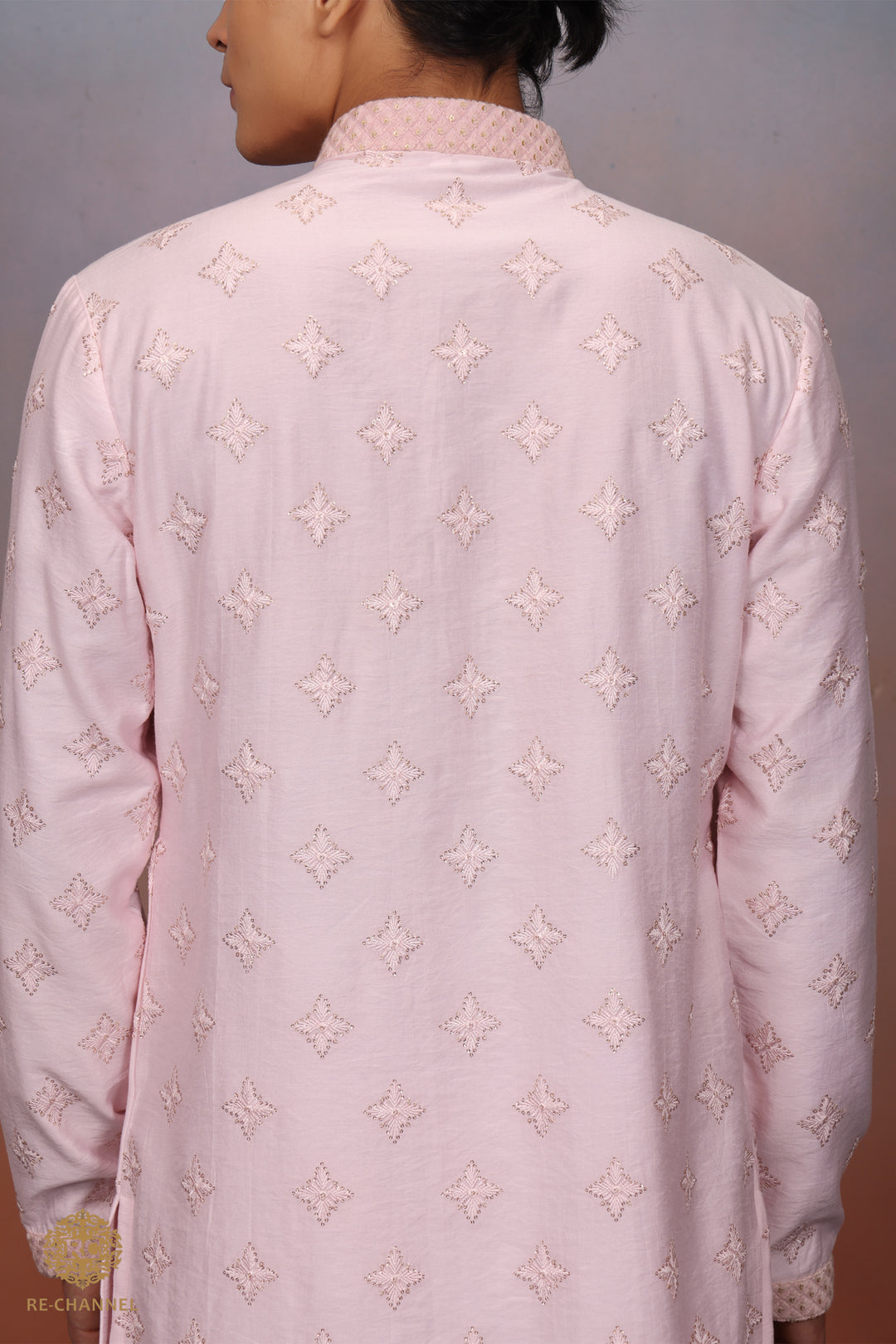 Light Pink Silk kurta set with resham & sequin work