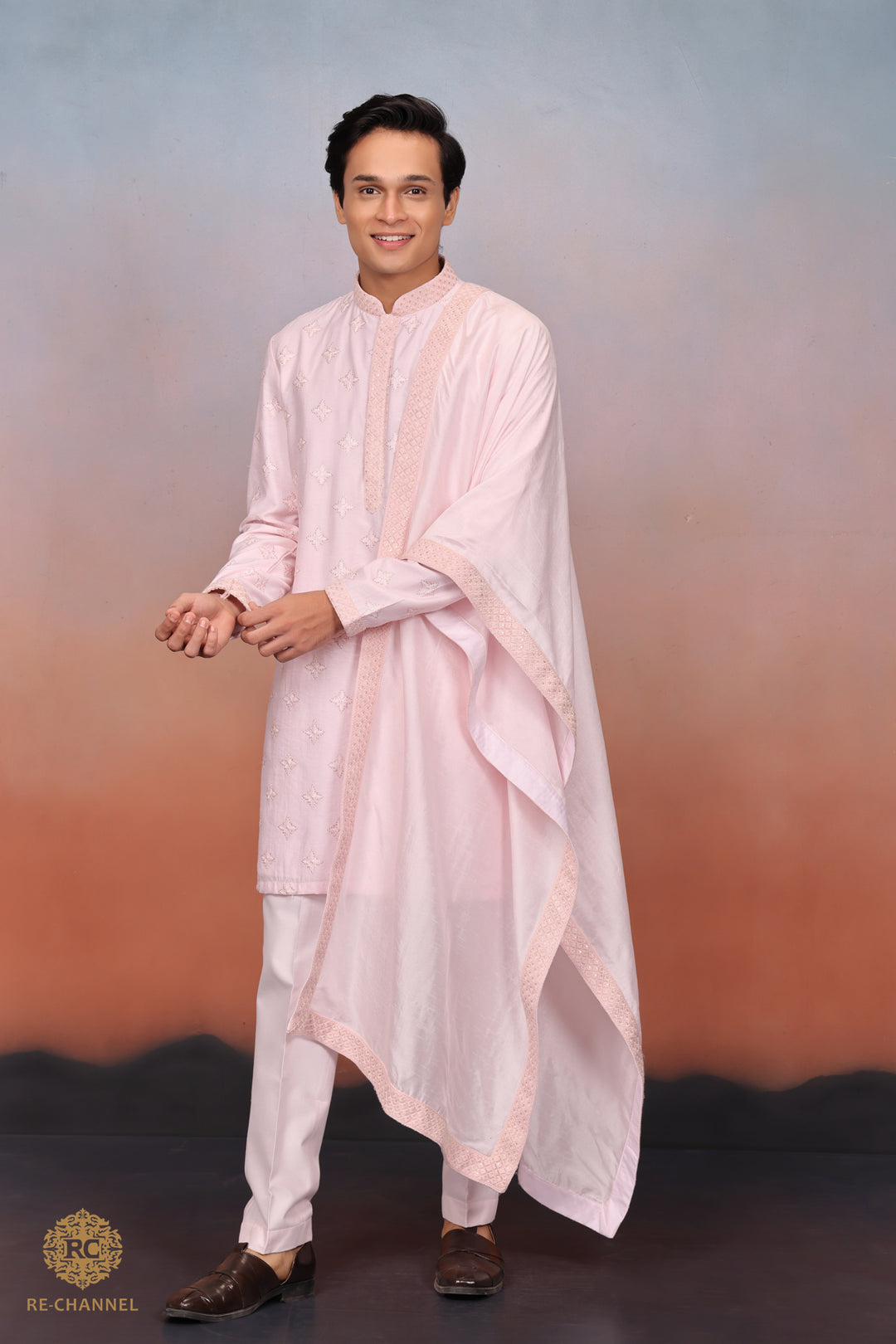 Light Pink Silk kurta set with resham & sequin work