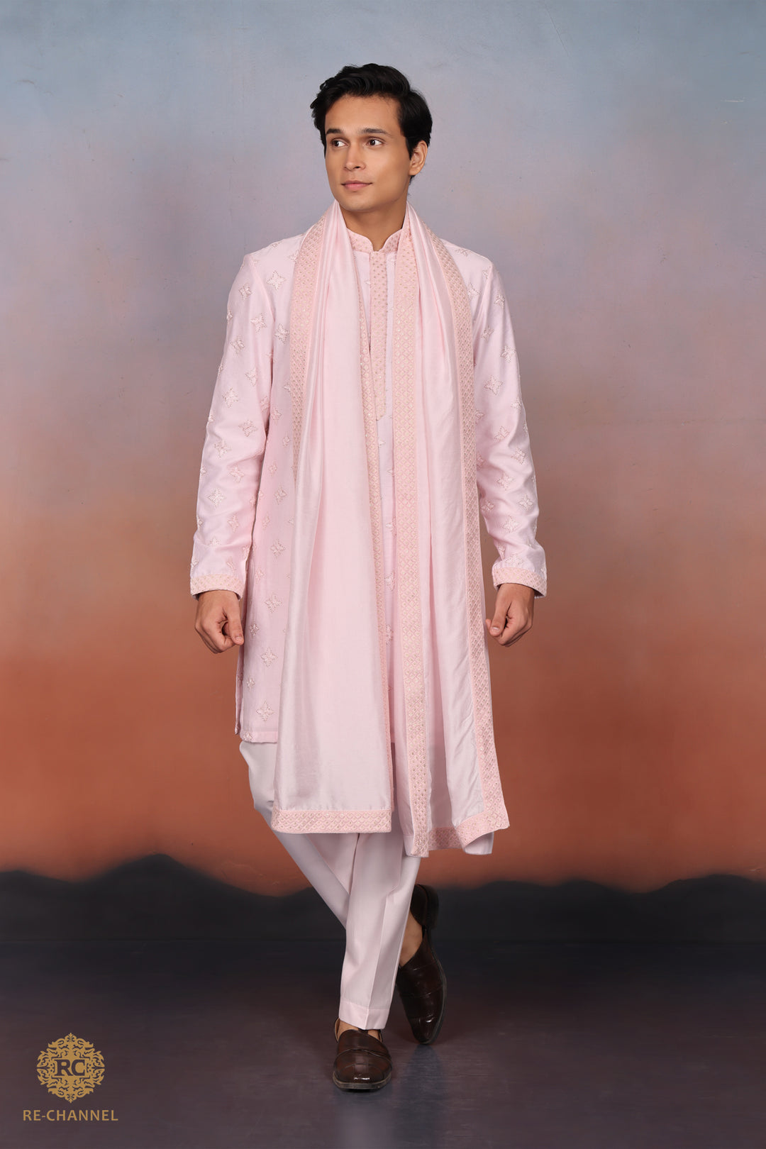 Light Pink Silk kurta set with resham & sequin work