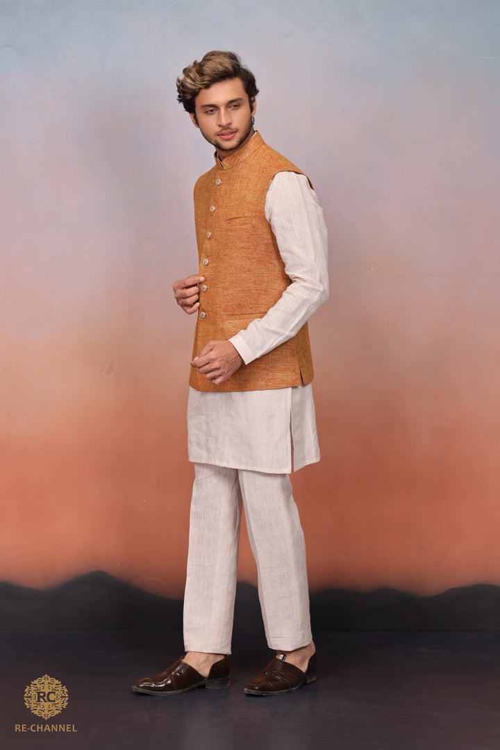 Mustard Khadi Bandi Kurta Set.