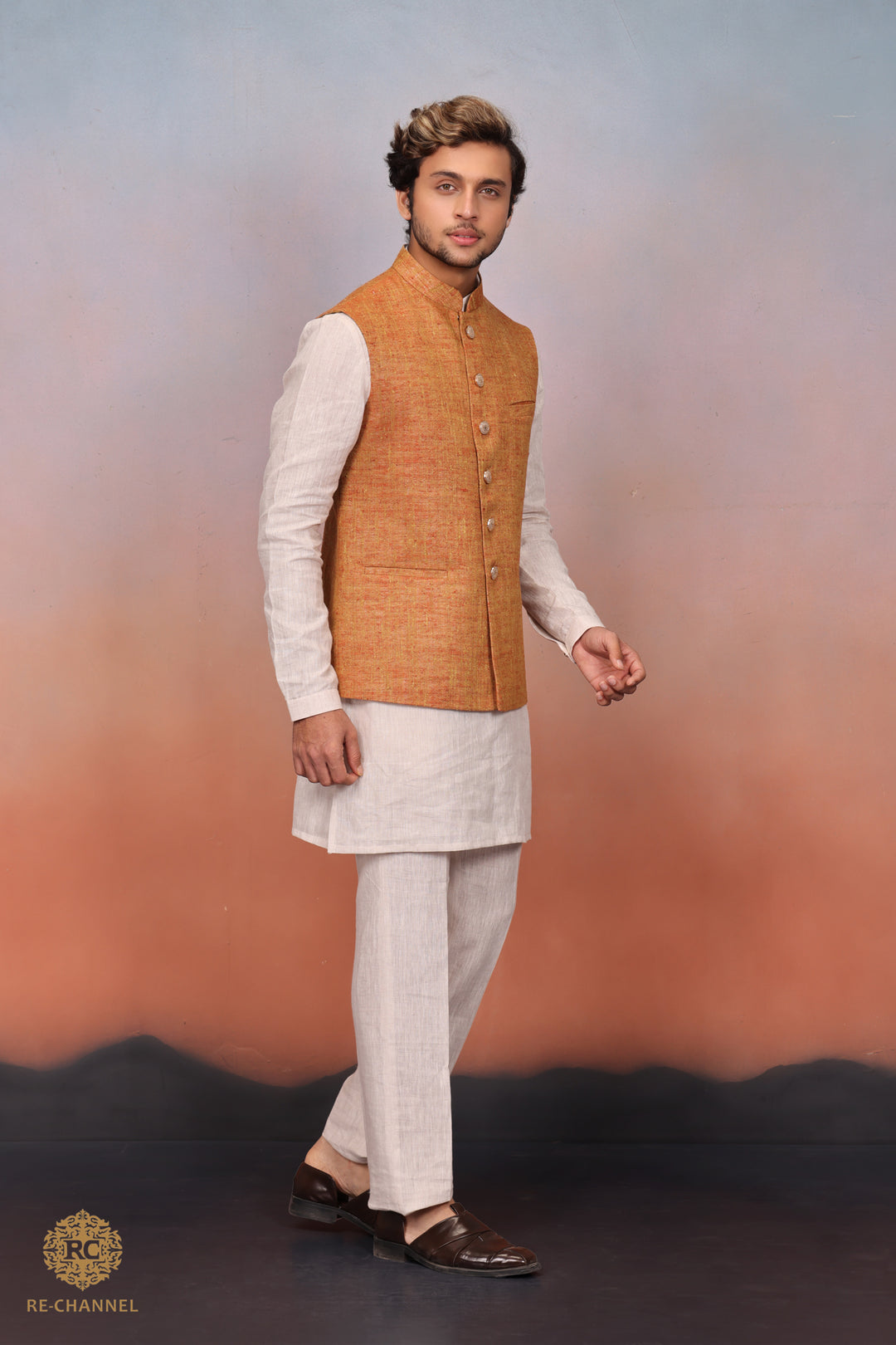 Mustard Khadi Bandi Kurta Set.