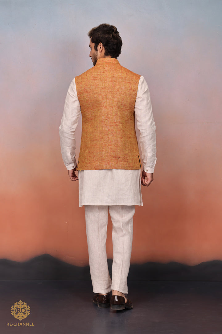 Mustard Khadi Bandi Kurta Set.