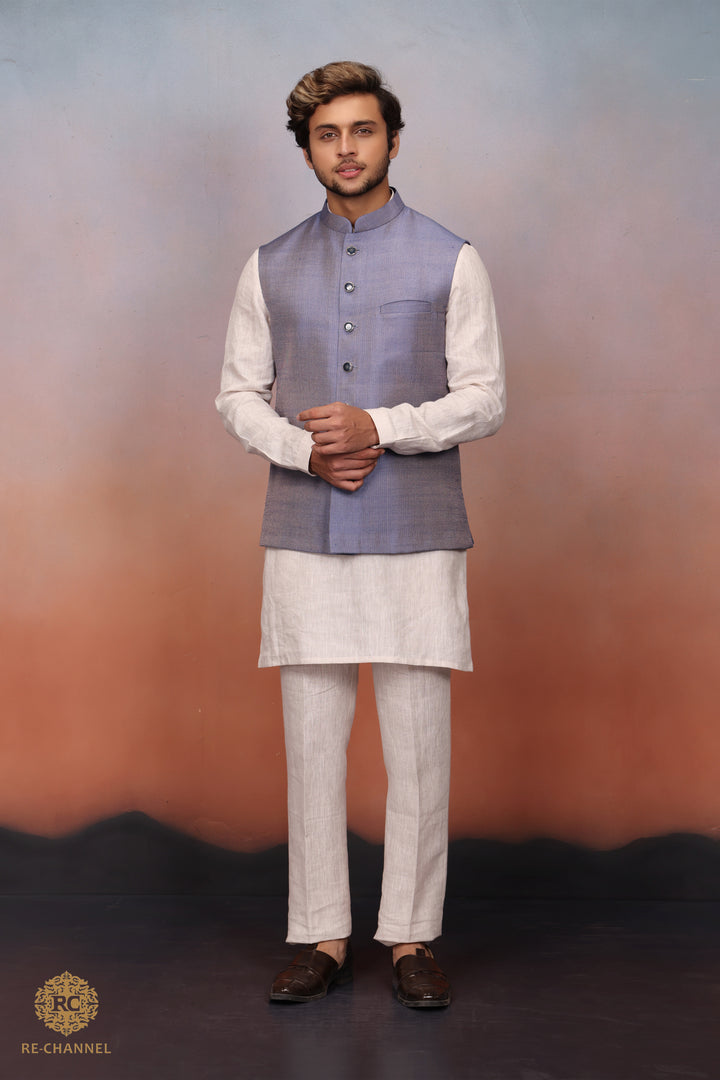 Heather Blue Silk Bandi Kurta Set.