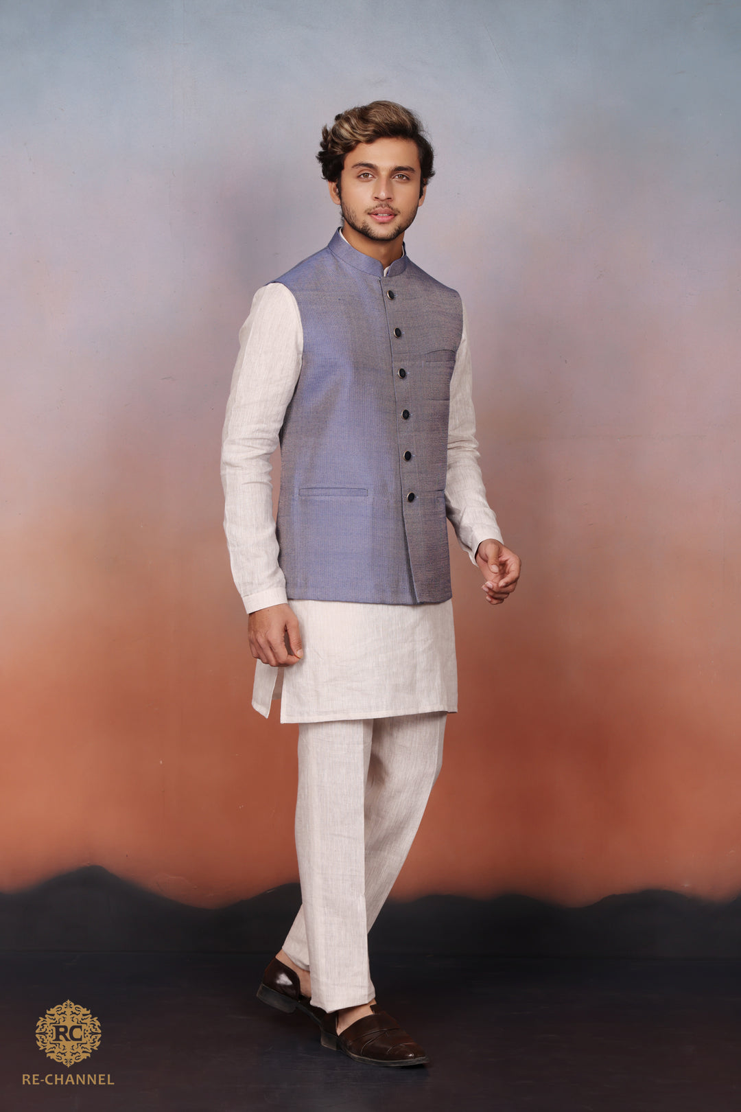 Heather Blue Silk Bandi Kurta Set.