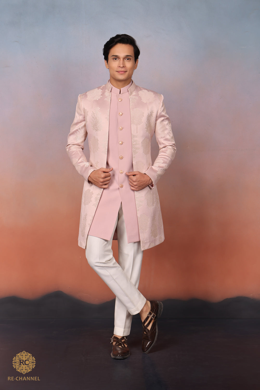 Light Pink Indo-Western in Jacquard