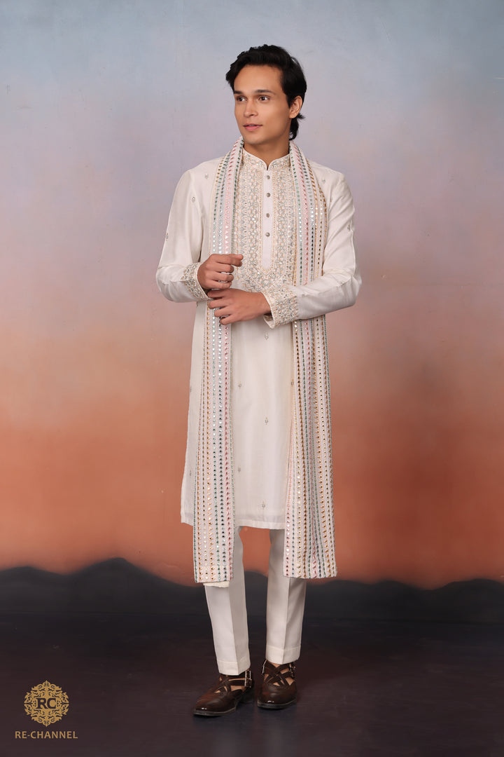 White silk mirror work kurta dupatta set